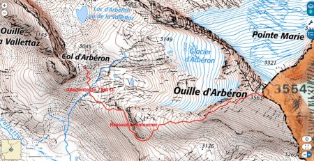 Cheminement emprunté avec descente depuis le col d’Arbéron et contournement par le sud (droite) du grand ressaut.
