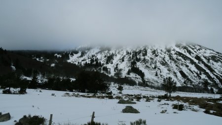 La face sud du mont Mézenc qui à la tête un peu brumeuse.