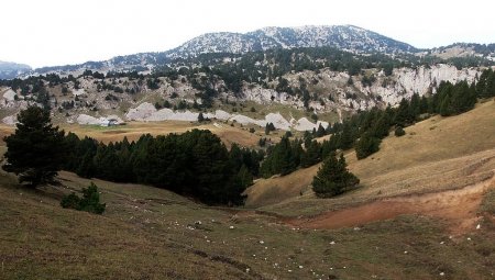 Sommet de Tourte Barreaux en arrière plan, avec au premier plan le vallon de Chaumailloux, vus du col sans nom point IGN 1653m.