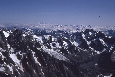 Au centre le glacier Blanc, à droite les Agneaux, au milieu le Mont Blanc.
