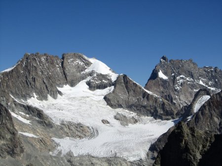 Du sommet : vue sur le Râteau, le Glacier de la Selle et la Meije.