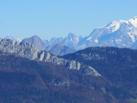 Zoom sur le Roc des Boeufs, le Mont Charvin, la chaîne du Mont Blanc