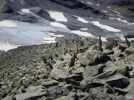 Du sommet, vue sur les pierres dressées du pierrier et le glacier des Roches Blanches.