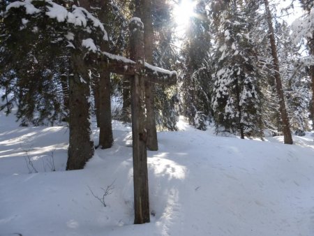 Vieille croix en bois moussue en pleine forêt sur le Grp du tour du pays d’Allevard