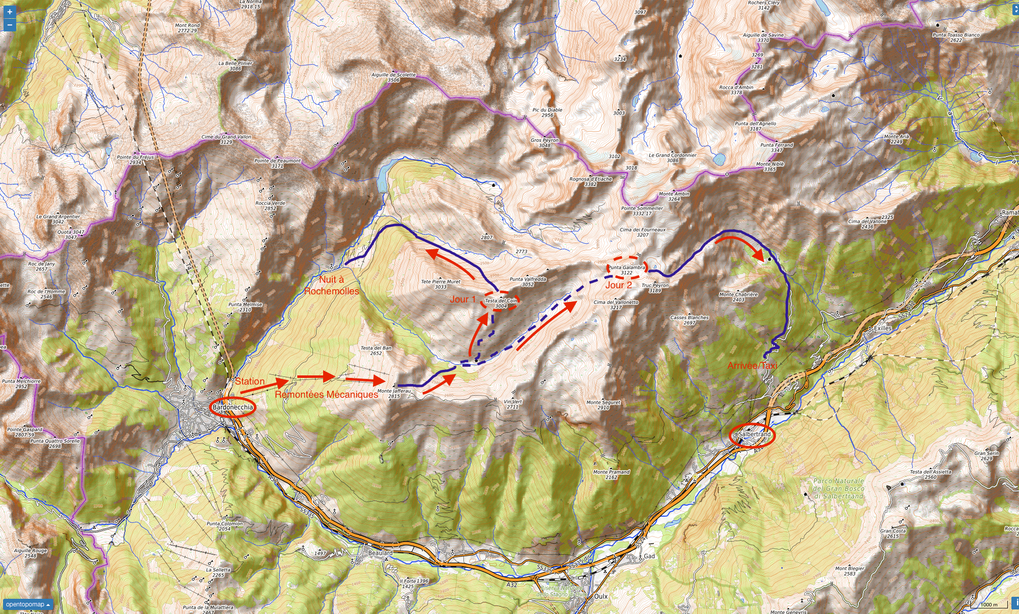 Carte du tour du Mont Blanc en ski de rando