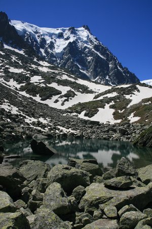 Le lac Bleu surplombé par l’Aiguille du Midi