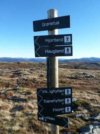 Panneaux indicateurs au sommet de Grønetua