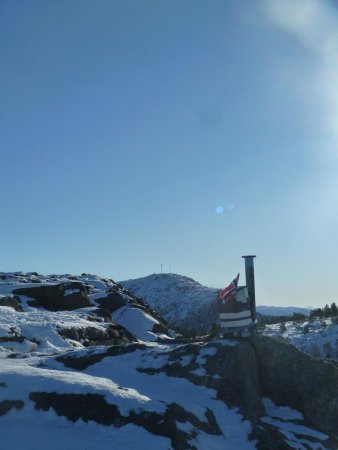 Le sommet de Damsgårdsfjellet avec sa boîte aux lettres et son drapeau norvégien.
