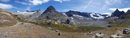 Au col, panorama, Glacier du Mulinet et Cirque des Évettes
