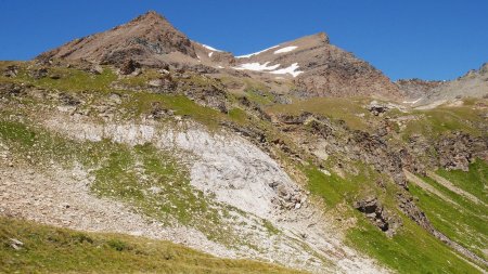 Première rangée de barres rocheuses au premier plan, Petite Aiguille Rousse et Grande Aiguille Rousse au second plan.