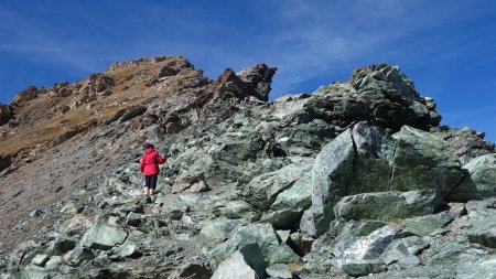 Du Col de la Noire les rochers marbrés de vert sous le Pic de la Farnéiréta