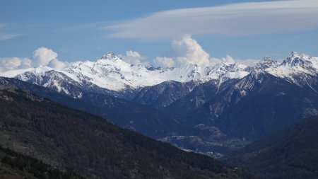 Zoom sur le Grand Rochebrune et la crête des Oules, à droite Le Grand Peygu et le sommet de Crête des Granges toujours bien enneigés en raison des retours d’est