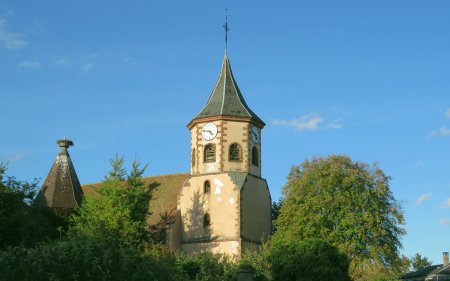 On termine le tour de Zellenberg en arrivant au niveau de l’église. Ils ont installé un nid pour les cigognes au sommet de la petite tour adjacente à l’église.