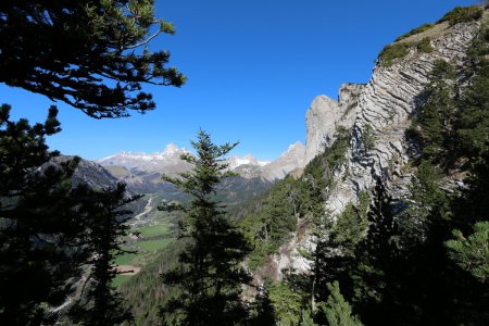 De droite à gauche : le sommet coté 1606m, Petit Chamousset, Grand Chamousset, Tête de Vachères, Rocher Rond et Grand Ferrand jusqu’à l’Obiou.