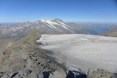 regard arrière, glacier de la Sassière et Mont Pourri