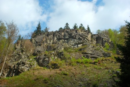 Vue d’ensemble de la via ferrata ; sur la droite on distingue le pont de singe qui relie le massif principal au rocher sans sapins.