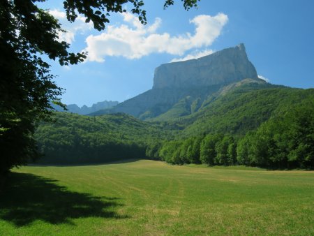 Photo prise sur le sentier qui relie Donnière à Ruthière, juste au nord de la Côte de Peyre Rouge (indiquée sur la carte IGN), en lisière de forêt. Grâce au champ, on voit bien le Mont Aiguille.