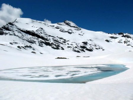 En descendant du col, vue sur les lacs, le glacier des Fours et Méan Martin