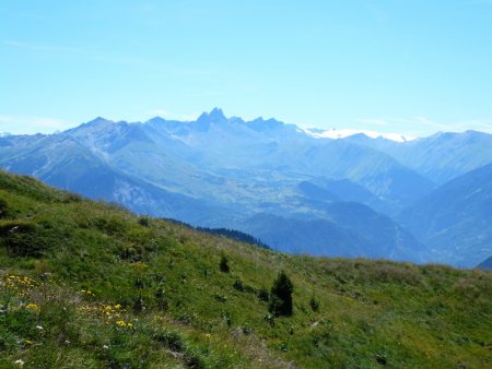 Au Plan du Sapey, à la sortie de la forêt. Vue sur le plateau des Albiez, les aiguilles d’Arves et le glacier de la Girose.