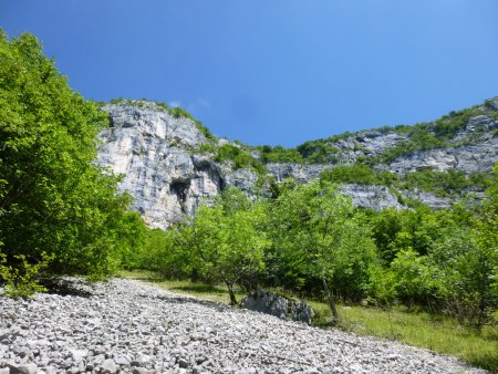 Vue sur les falaises du Rocher de Charvettan en montant vers la grotte à Carret.