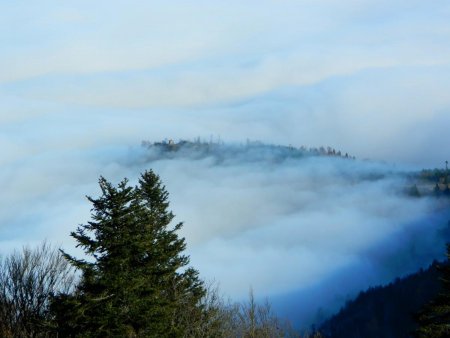 	Le Rocher de Dentillon (995m) et sa cabane, tentent de sortir du brouillard. 