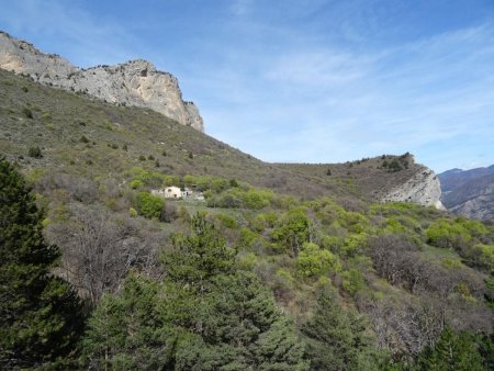 Vue générale : bergerie de Basse Crigne + falaise inférieure + croupe + vire + Pic de Crigne