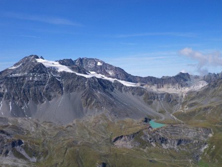 Au sommet, glacier de Gébroulaz/Polset, lac Blanc et refuge Péclet/Polset coté Pralognan