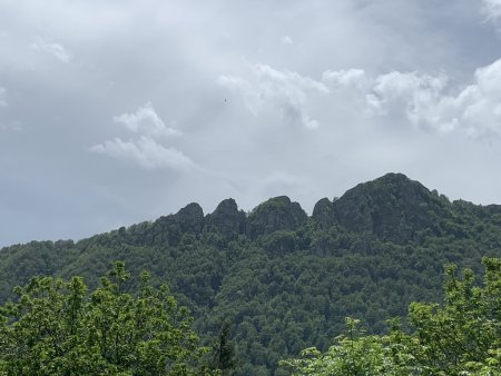Le sommet (à droite) vu de la vallée.